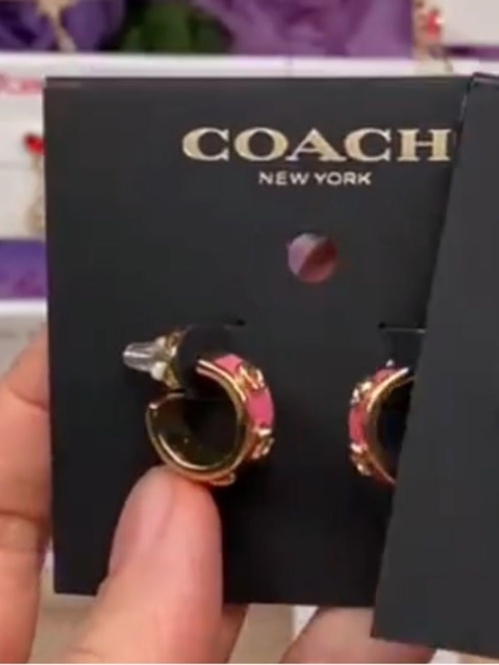 NWT COACH Pink Gold Enamel Signature C Logo Mini Huggie Hoop Earrings - Picture 4 of 10